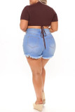 Baby Blue Fashion Casual Solid Patchwork High Waist Tiered Fringed Regular Denim Shorts
