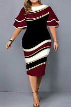 Burgundy Fashion Casual Plus Size Print Split Joint O Neck Short Sleeve Dress