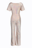 Pink Fashion Street Solid Short Sleeve One-Shoulder-Kragen-Overalls