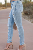 Light Color Fashion Casual Solid Mid Waist Regular Distressed Ripped Denim Jeans