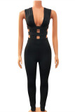 Black Fashion Sexy Solid Hollowed Out V Neck Skinny Jumpsuits