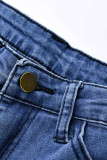 Calça jeans skinny azul fashion casual sólida rasgada e vazada cintura alta