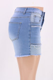 Baby Blue Fashion Casual Solid Patchwork High Waist Regular Denim Shorts