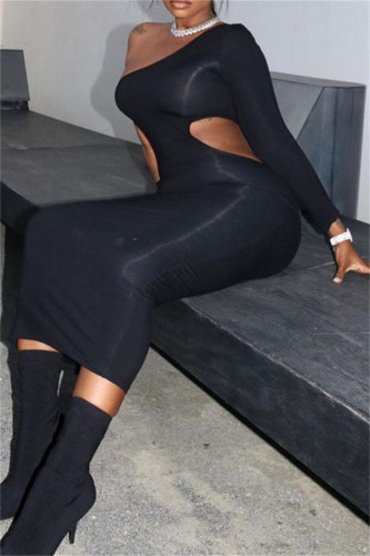 Black Fashion Sexy Solid Hollowed Out Backless Oblique Collar Long Sleeve Dresses