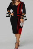 Red Fashion Casual Print Patchwork V Neck Long Sleeve Plus Size Dresses