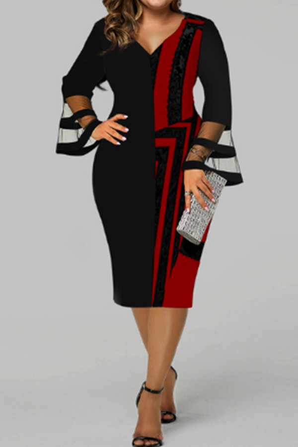 Красный модный повседневный принт в стиле пэчворк с V-образным вырезом и длинным рукавом Платья больших размеров