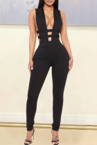 Zwarte mode Sexy effen uitgeholde skinny jumpsuits met V-hals