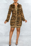Vestido camisero con cuello vuelto y estampado de leopardo, informal, con estampado de leopardo