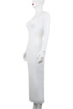 Белые модные сексуальные однотонные платья с вырезом на спине и косым воротником с длинным рукавом