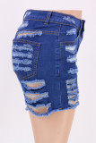 Pantaloncini di jeans regolari a vita alta strappati casual alla moda blu baby