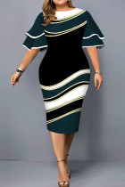 Ink Green Fashion Casual Plus Size Print Patchwork O Neck Short Sleeve Dress