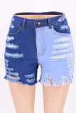 Babyblauwe mode casual patchwork effen gescheurde hoge taille regular denim shorts