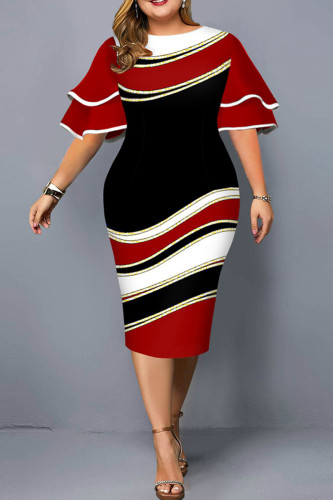 Red Fashion Casual Plus Size Print Patchwork O Neck Short Sleeve Dress