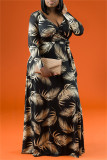 Zwarte Mode Casual Print Bandage V-hals Lange mouw Grote maten jurken
