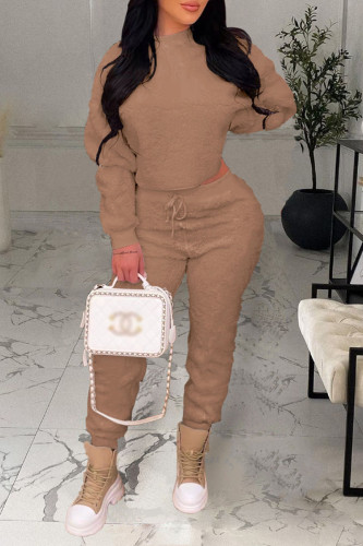 Coffee Casual Solid Patchwork O Neck Long Sleeve Two Pieces