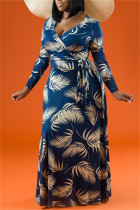 Vestidos de talla grande de manga larga con cuello en V y estampado informal de moda azul oscuro