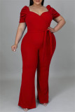 Red Fashion Casual Solid Basic V-Ausschnitt Plus Size Jumpsuits