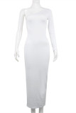 Witte mode sexy effen uitgeholde rugloze schuine kraag jurken met lange mouwen