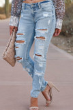 Ljus färg Mode Casual Solid Ripped Mid Waist Vanliga denim jeans