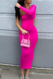 ピンク ファッション セクシー ソリッド くり抜き バックレス オブリーク カラー ロング スリーブ ドレス