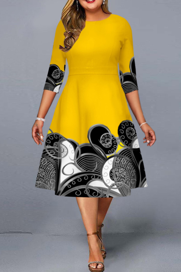 Gele Mode Casual Print Basic O-hals Grote maten jurken