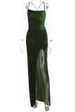 緑のセクシーなソリッドハイオープニングスパゲッティストラップ不規則なドレスドレス