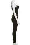 Macacão skinny preto sexy casual sem costas com alça de espaguete