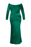Green Sexy Plus Size Solid Backless Slit Off The Shoulder Long Sleeve Evening Dress