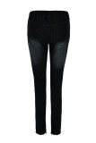 Calça jeans regular preta fashion casual rasgada com cintura média