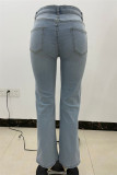Синие модные повседневные однотонные рваные джинсы с высокой талией, обычные джинсовые джинсы
