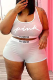 Pink Casual Letter Print Basic U Neck Plus Size Two Pieces