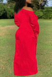 Red Fashion Casual Solid Bandage O Neck Long Sleeve Dresses
