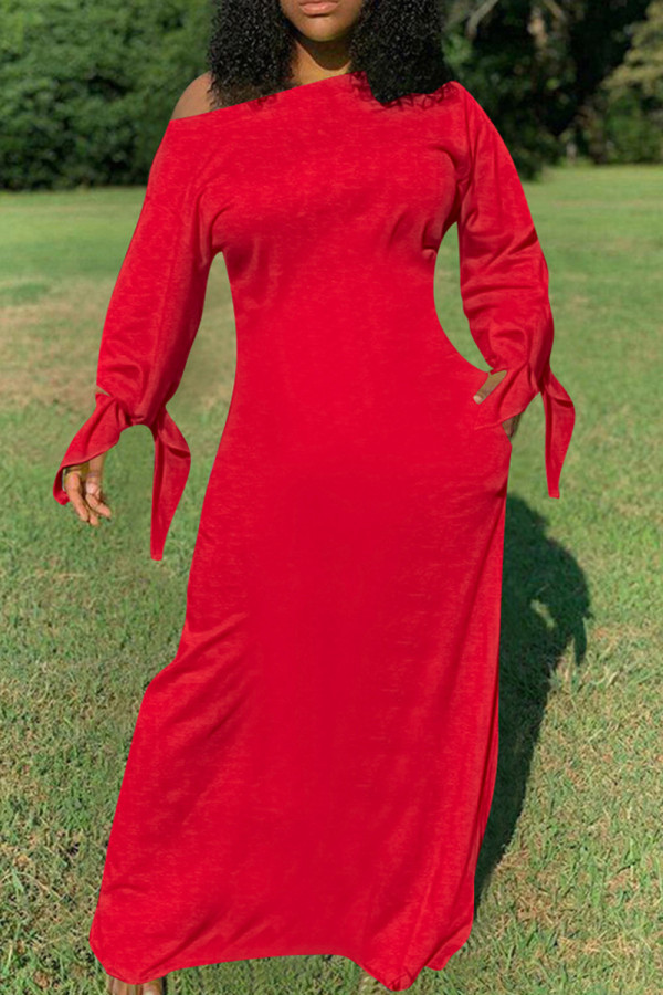 Vestidos de manga larga con cuello en O y vendaje sólido casual de moda roja