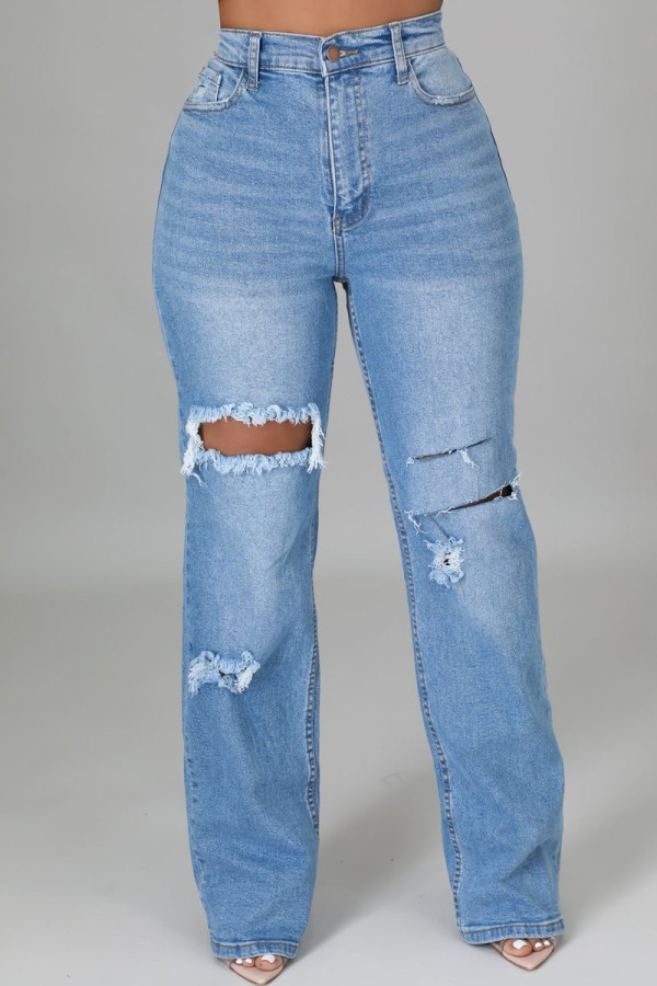 Синие модные повседневные однотонные рваные джинсы с высокой талией, обычные джинсовые джинсы