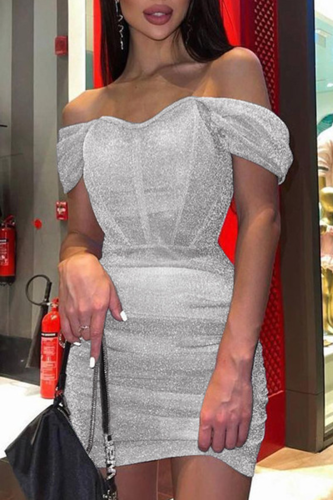 Silver Sexy Solid Mesh Off the Shoulder Pencil Skirt Dresses