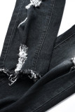 Grey Fashion Casual Solid Mid Waist Regular Ripped Denim Jeans
