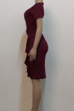 Burgundy Casual Solid Patchwork Flounce O Neck One Step Skirt Dresses