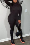Macacão skinny preto fashion casual sólido básico com gola alta