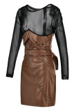 Khaki Sexy Solid Patchwork See-through O Neck One Step Skirt Dresses