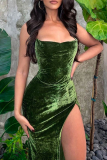 緑のセクシーなソリッドハイオープニングスパゲッティストラップ不規則なドレスドレス