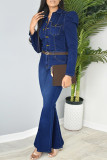 Dark Blue Fashion Solid Patchwork Turndown Collar Long Sleeve Regular Denim Jumpsuits (Without Belt)
