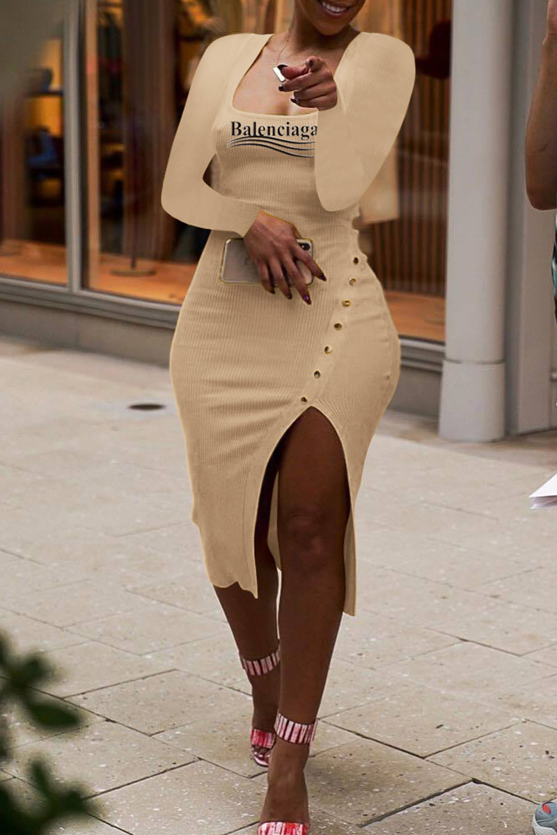 Khaki Fashion Elegant Letter Slit Square Collar One Step Skirt Dresses