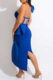 Blauwe sexy effen volant een schouder onregelmatige jurk jurken