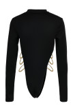 Black Sexy Casual Solid Patchwork Chains Turtleneck Skinny Romper
