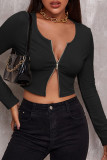 Khaki Fashion Casual Solid Zipper O Neck Tops