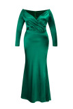 Vestido de noite verde sexy plus size sólido sem costas com fenda no ombro manga longa