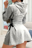 Grey Casual Print Patchwork Frenulum Hooded Collar A Line Dresses