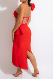 Красное сексуальное однотонное платье с воланом на одно плечо Платья неправильной формы