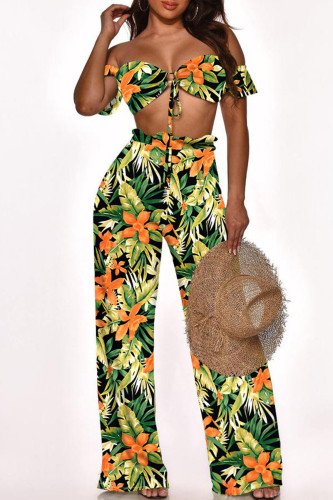 Orange Fashion Sexy Print Bandage Backless Strapless Two Pieces