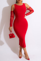 Красные повседневные однотонные платья в стиле пэчворк с разрезом и круглым вырезом, одноступенчатые юбки